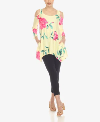 White Mark Plus Size Floral Printed Cold Shoulder Tunic Top In Yellow