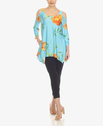 White Mark Women's Floral Printed Cold Shoulder Tunic Top In Blue