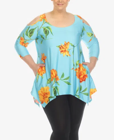 White Mark Plus Size Floral Printed Cold Shoulder Tunic Top In Blue