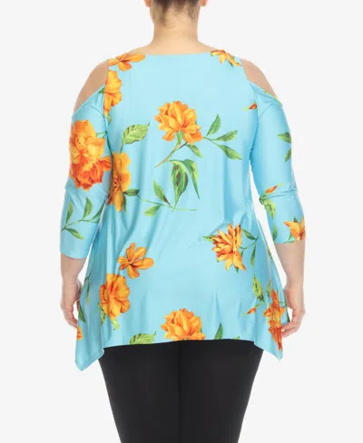 White Mark Plus Size Floral Printed Cold Shoulder Tunic Top In Blue