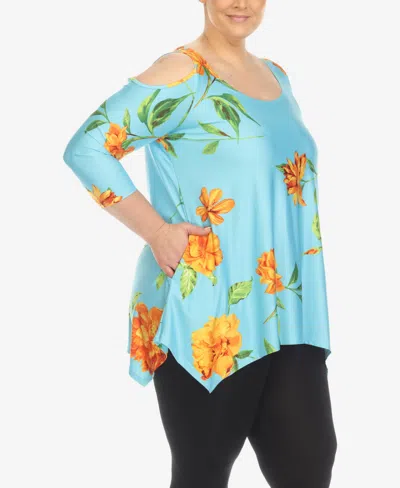 White Mark Plus Size Floral Printed Cold Shoulder Tunic Top In Blue