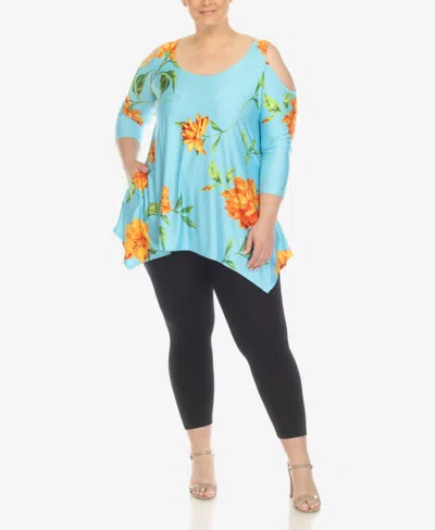White Mark Plus Size Floral Printed Cold Shoulder Tunic Top In Blue