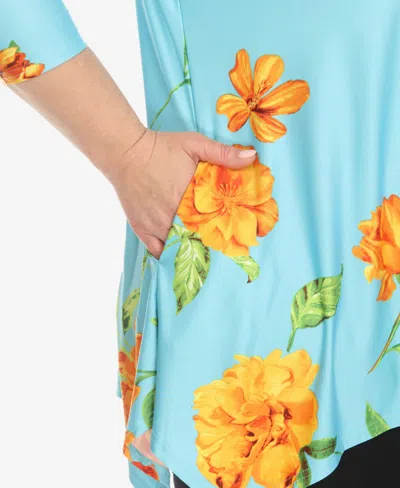 White Mark Plus Size Floral Printed Cold Shoulder Tunic Top In Blue