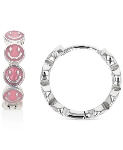 Macy's Enamel Smiley Face Hoop Earrings In Sterling Silver Or 14k Gold Over Sterling Silver, 1/2" In Metallic