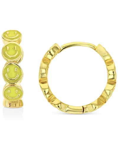 Macy's Enamel Smiley Face Hoop Earrings In Sterling Silver Or 14k Gold Over Sterling Silver, 1/2" In Gold