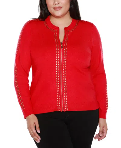 Belldini Black Label Plus Size Crewneck Embellished Zip Cardigan Sweater In Red