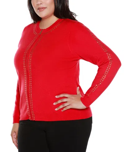 Belldini Black Label Plus Size Crewneck Embellished Zip Cardigan Sweater In Red