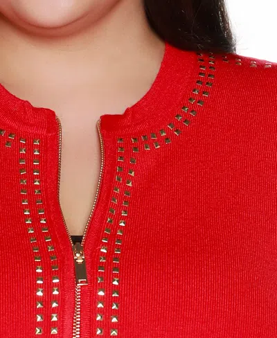 Belldini Black Label Plus Size Crewneck Embellished Zip Cardigan Sweater In Red
