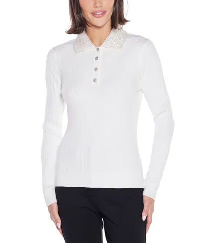 Belldini Women's Black Label Beaded Collar Sweater In White