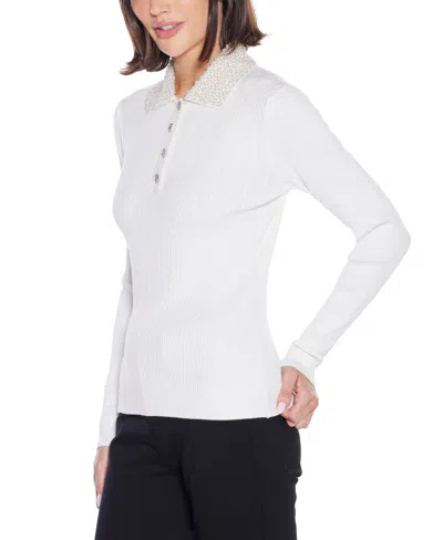 Belldini Women's Black Label Beaded Collar Sweater In White