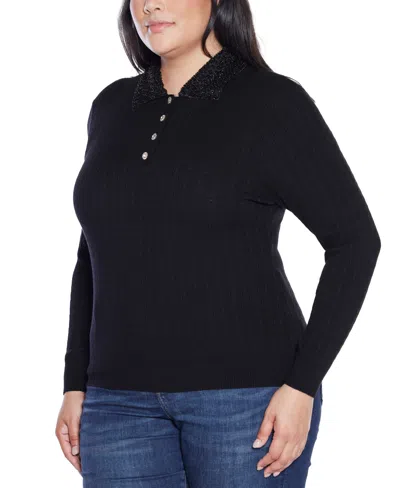 Belldini Plus Size Black Label Beaded Collar Sweater In Black