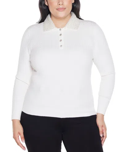 Belldini Plus Size Black Label Beaded Collar Sweater In White