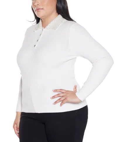 Belldini Plus Size Black Label Beaded Collar Sweater In White