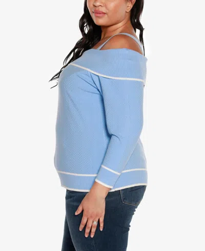 Belldini Black Label Plus Size Off-the-shoulder Sweater In Blue