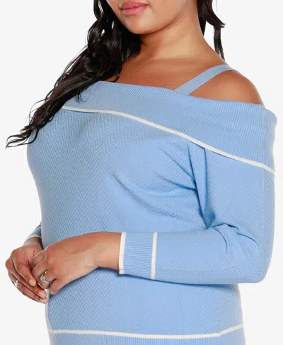 Belldini Black Label Plus Size Off-the-shoulder Sweater In Blue