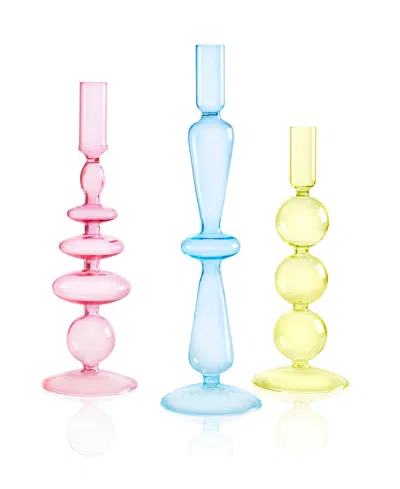 Qualia Glass Aurora Glass 3- Piece 9.5", 11", 12" Tall Assorted Color Candlesticks