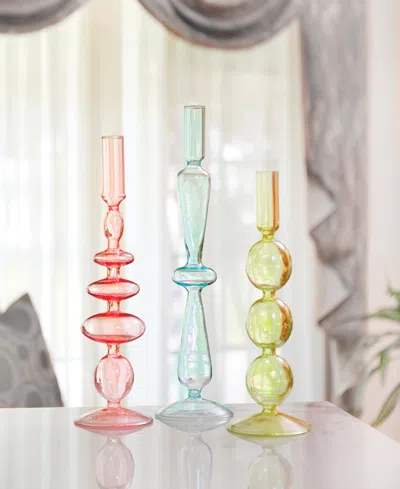 Qualia Glass Aurora Glass 3- Piece 9.5", 11", 12" Tall Assorted Color Candlesticks