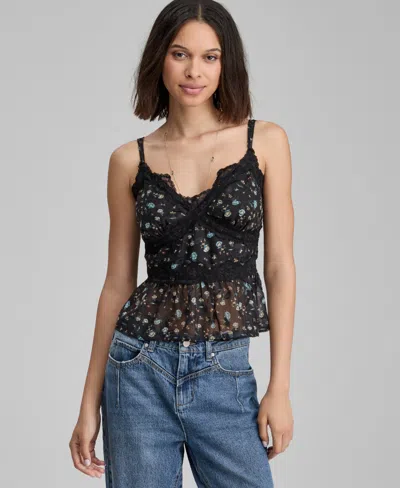 And Now This Petite Floral Lace-trim V-neck Tank, Macy's Exclusive In Black