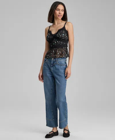 And Now This Petite Floral Lace-trim V-neck Tank, Macy's Exclusive In Black