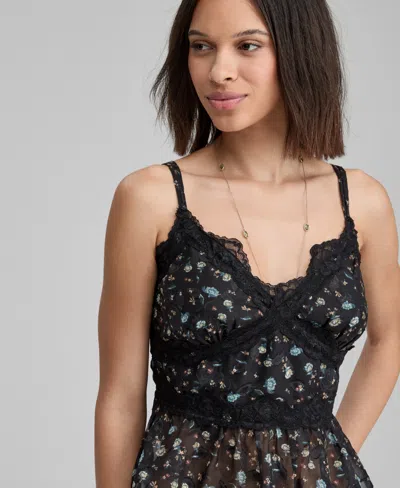 And Now This Petite Floral Lace-trim V-neck Tank, Macy's Exclusive In Black