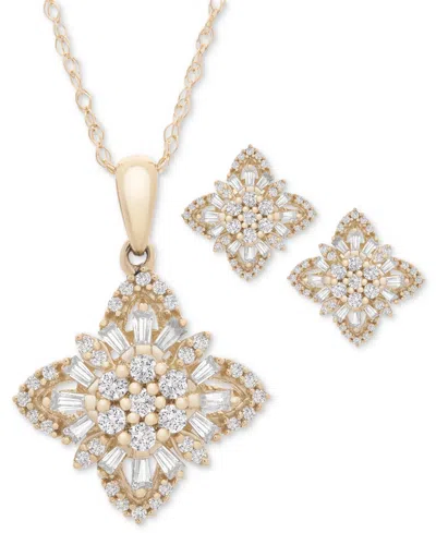 Wrapped In Love Diamond Round & Baguette Flower Pendant Necklace (1/2 Ct. Tw) In 14k Gold, 18" + 2" Extender, Create In Gold