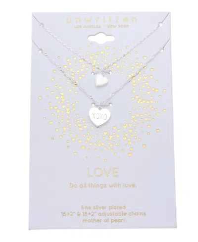 Unwritten Mother Of Pearl Heart "xoxo" Layered Necklace Set In Silver