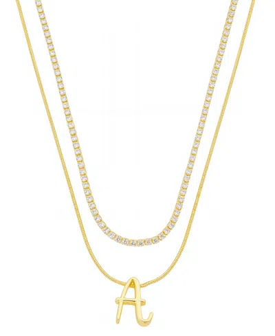 Unwritten Letter "a" Initial Snake Chain Cubic Zirconia Chain Necklace With Extender 2pcs Set In Gold
