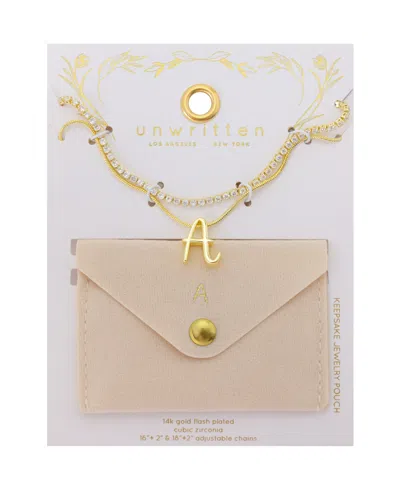 Unwritten Letter "a" Initial Snake Chain Cubic Zirconia Chain Necklace With Extender 2pcs Set In Gold