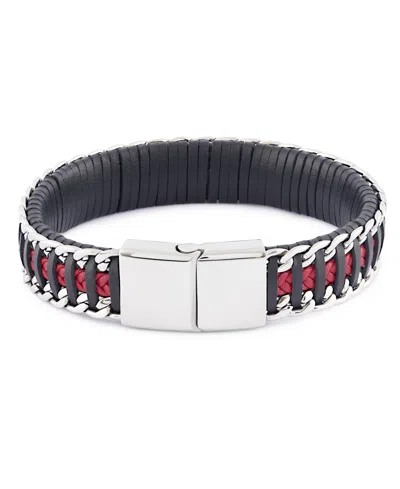 Rhona Sutton Black Red Leather With Chain Stainless Steel Bracelet