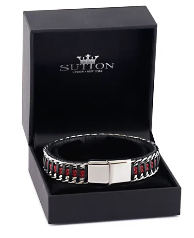 Rhona Sutton Black Red Leather With Chain Stainless Steel Bracelet