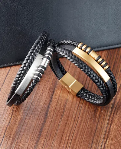 Rhona Sutton Multi Leather Black Gold Identification Stainless Steel Bracelet In Multi
