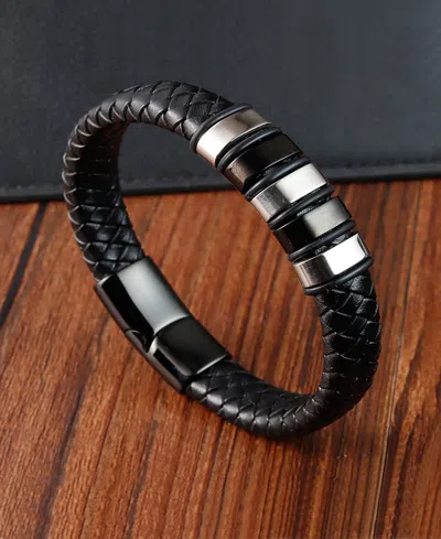 Rhona Sutton Black Nomad Identification Leather Stainless Steel Bracelet In Multi