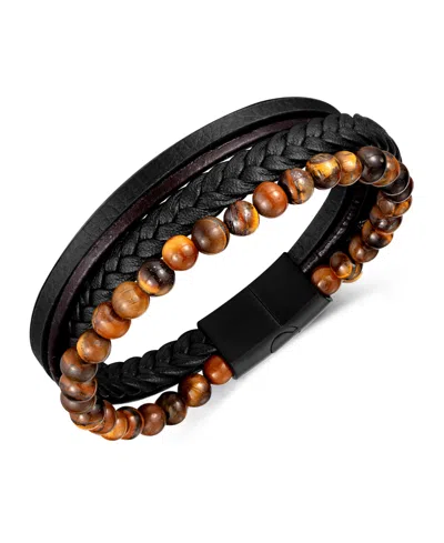 Rhona Sutton Black Tigers Eye Weaved Leather Stainless Steel Bracelet In Multi