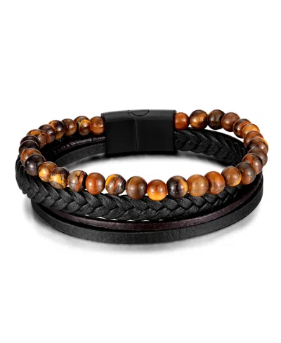 Rhona Sutton Black Tigers Eye Weaved Leather Stainless Steel Bracelet In Multi