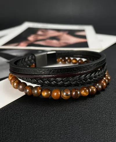 Rhona Sutton Black Tigers Eye Weaved Leather Stainless Steel Bracelet In Multi