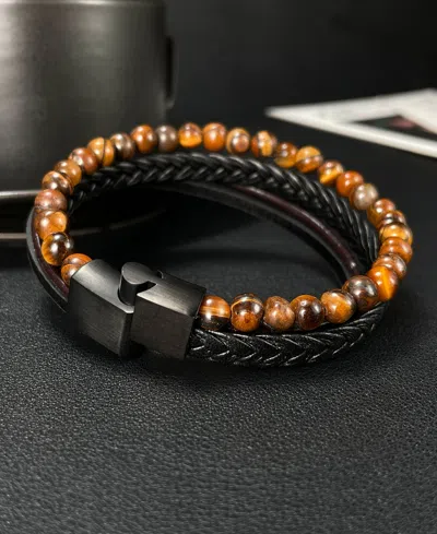 Rhona Sutton Black Tigers Eye Weaved Leather Stainless Steel Bracelet In Multi