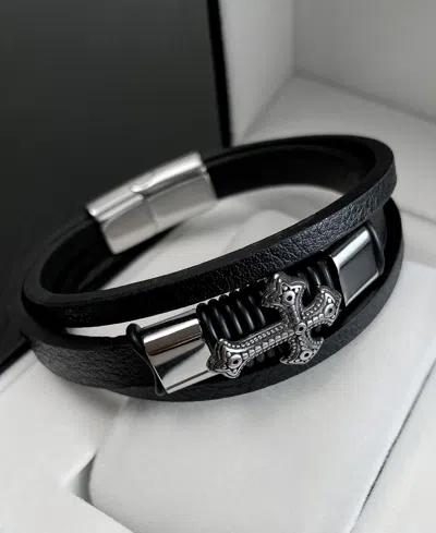 Rhona Sutton Cross Black Leather Stainless Steel Bracelet In Multi