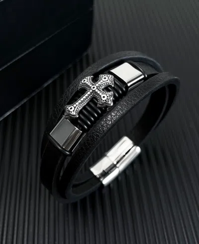 Rhona Sutton Cross Black Leather Stainless Steel Bracelet In Multi