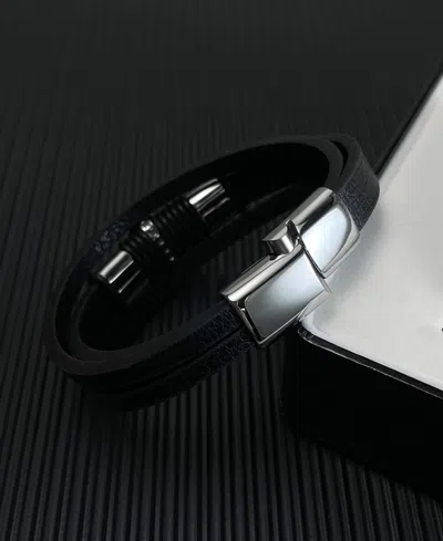 Rhona Sutton Cross Black Leather Stainless Steel Bracelet In Multi