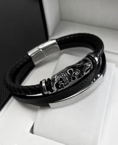 Rhona Sutton Black Skull Snake Leather Stainless Steel Bracelet In Multi