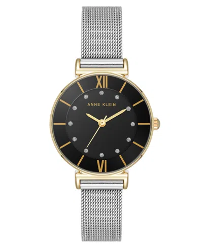 Anne Klein Women's Quartz Premium Round Silver-tone Stainless Steel Mesh And Black Dial Watch, 29mm In Gold