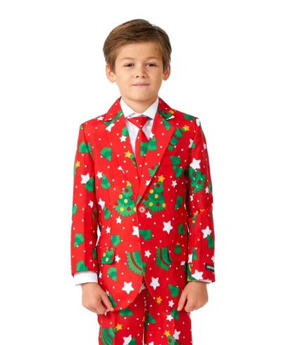 Suitmeister Big Boys Christmas Trees Stars Button Closure Suit Set Including Blazer, Pants And Clip-on-tie In Red