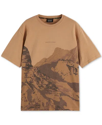 Scotch & Soda Loose Fit Mountain Print Overdye Cotton T-shirt In Brown