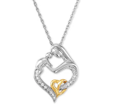 Macy's Mother And Infant Diamond Pendant Necklace In 14k Gold And Sterling Silver (1/10 Ct. T.w.) In Metallic