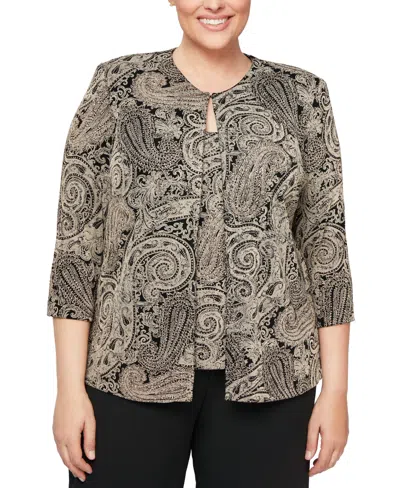 Alex Evenings Plus Size Glitter-print Jacket & Top Set In Black