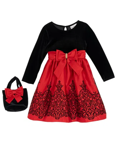 Rare Editions Girls 2t-6x 2-piece Mini Bag And Long-sleeve Jewel Bow Dress Set In Red