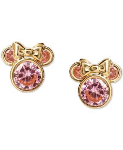 Disney Pink Cubic Zirconia Minnie Mouse Stud Earrings In 14k Gold In Gold