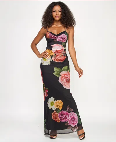 Emerald Sundae Juniors' Cowl Neck Floral Mesh Sleeveless Gown In Black
