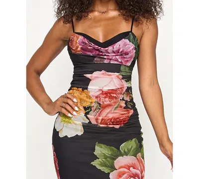 Emerald Sundae Juniors' Cowl Neck Floral Mesh Sleeveless Gown In Black
