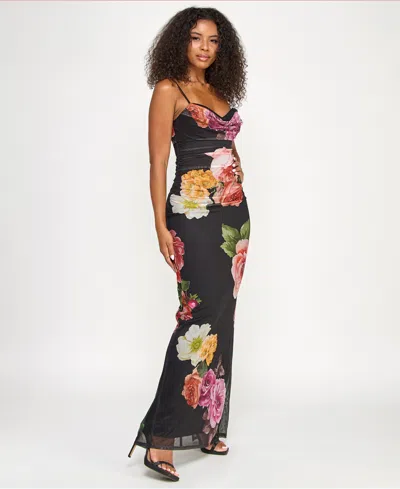 Emerald Sundae Juniors' Cowl Neck Floral Mesh Sleeveless Gown In Black
